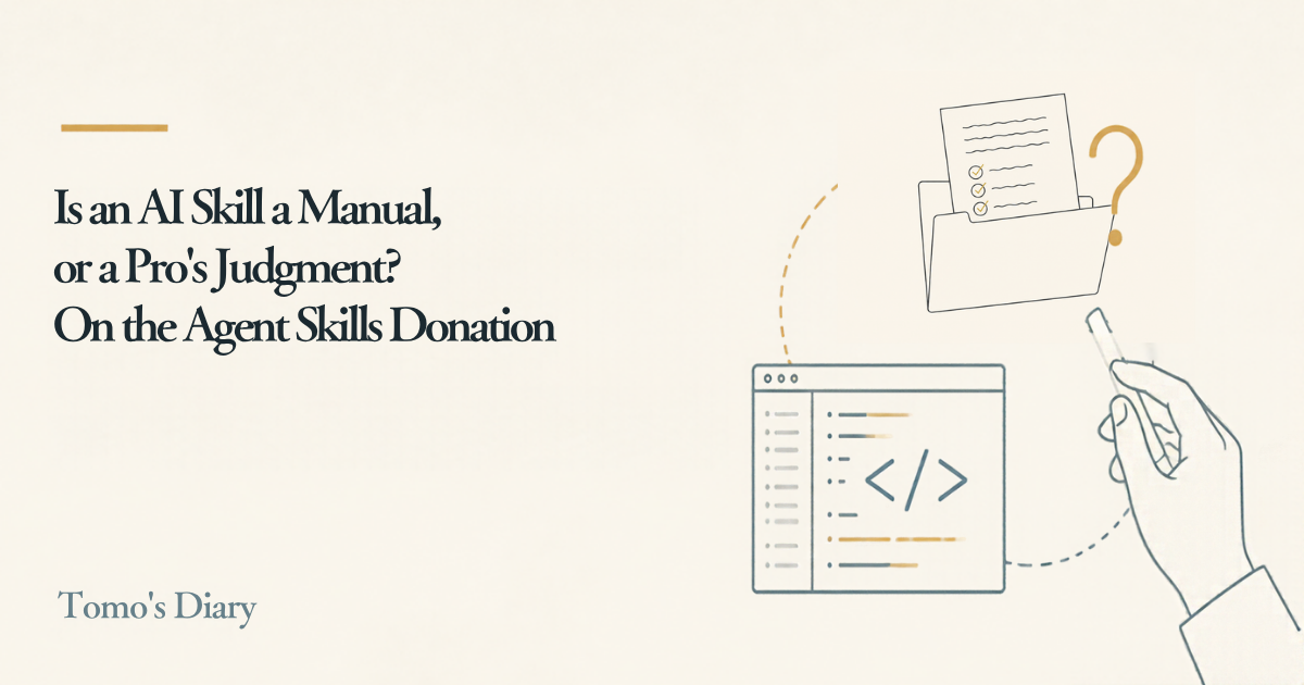 Cream background with the headline "Is an AI Skill a Manual, or a Pro's Judgment? On the Agent Skills Donation" and line drawings of a folder holding a checklist, a code editor and a hand holding chalk
