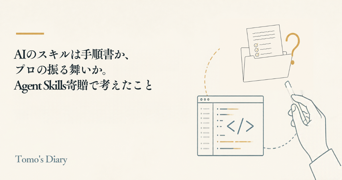 クリーム色の背景に「AIのスキルは手順書か、プロの振る舞いか。Agent Skills寄贈で考えたこと」というタイトルと、チェックリストの入ったフォルダ、コードエディタ、チョークを持つ手の線画