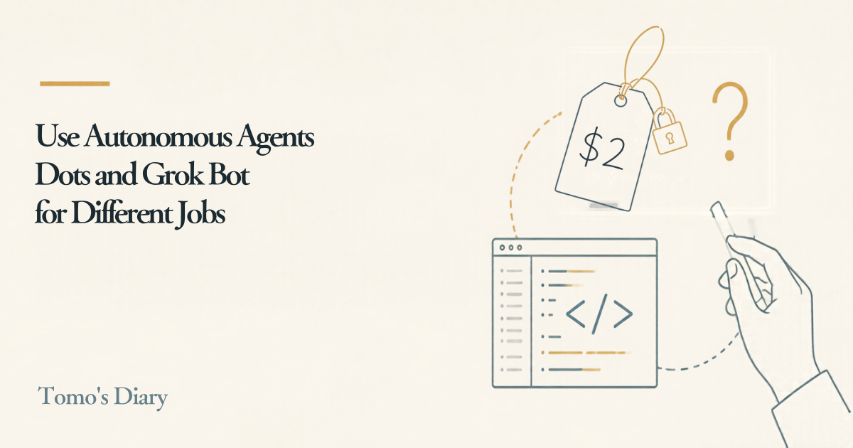 Cream background with the headline 'Use Autonomous Agents Dots and Grok Bot for Different Jobs' and line drawings of a padlocked price tag, a code window and a hand holding chalk