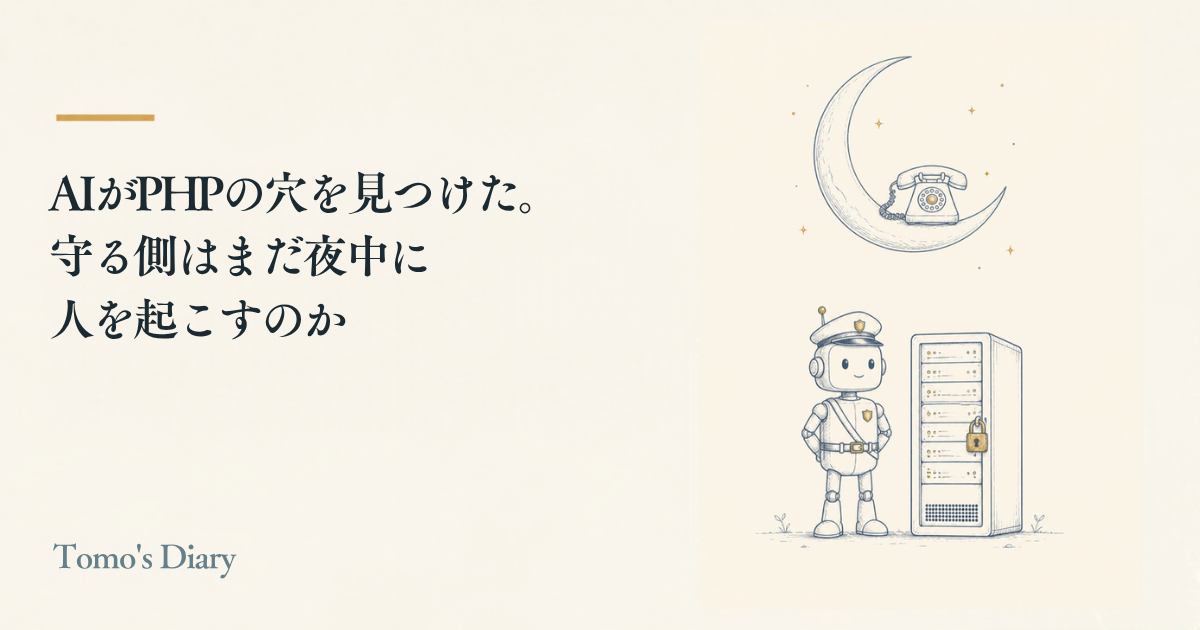 クリーム色の背景に「AIがPHPの穴を見つけた。守る側はまだ夜中に人を起こすのか」というタイトルと、サーバーの横に立つ守衛ロボットの線画