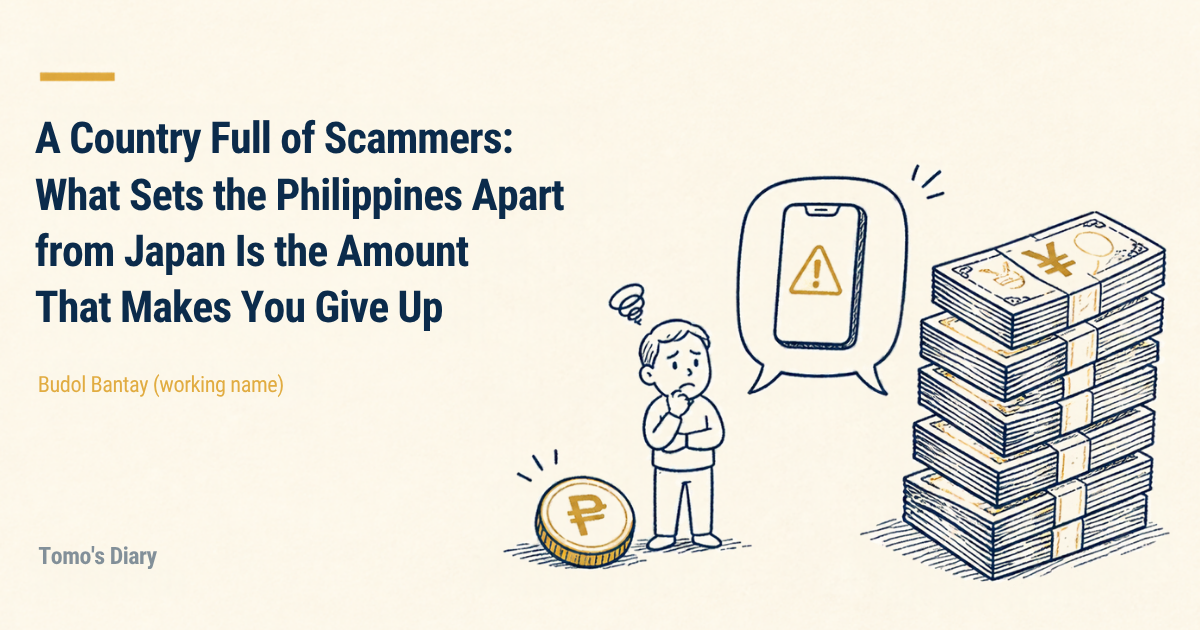 Cream background with the headline "A Country Full of Scammers: What Sets the Philippines Apart from Japan Is the Amount That Makes You Give Up" and a line drawing of a small peso coin next to a worried figure, a tall stack of yen banknotes, and a phone with a warning sign in a speech bubble