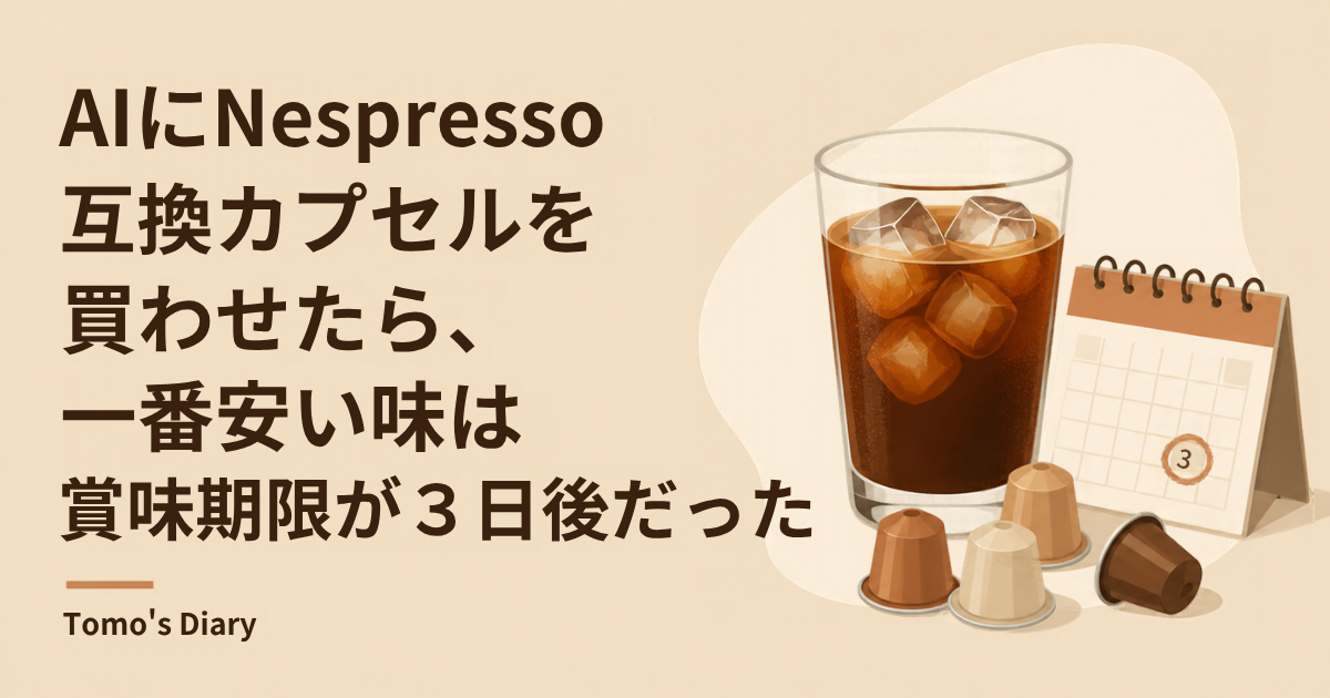 ベージュの背景に「AIにNespresso互換カプセルを買わせたら、一番安い味は賞味期限が3日後だった」というタイトルと、アイスコーヒーのグラス、カプセル、カレンダーのイラスト