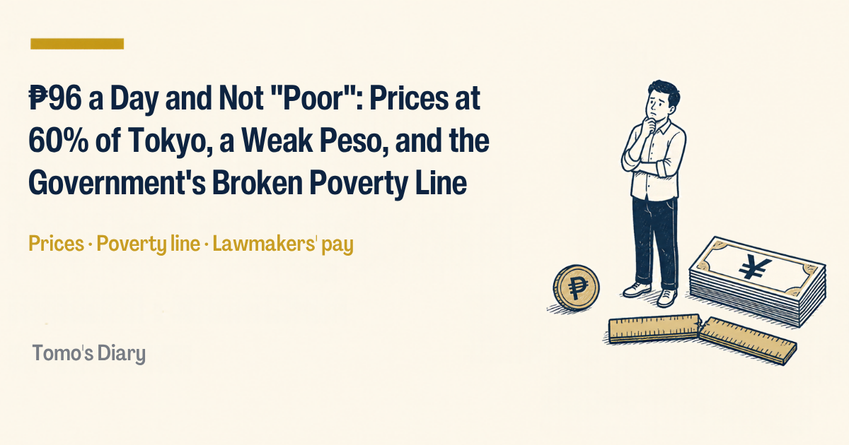 Cream background with the headline "₱96 a Day and Not 'Poor': Prices at 60% of Tokyo, a Weak Peso, and the Government's Broken Poverty Line" and a line drawing of a thoughtful man, a stack of yen banknotes, a peso coin, and a bent ruler