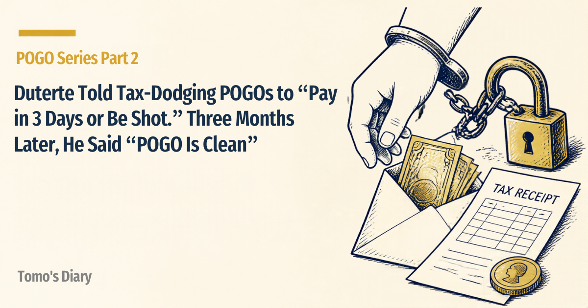 Cream background with a small "POGO Series Part 2" label and the title "Duterte Told Tax-Dodging POGOs to 'Pay in 3 Days or Be Shot.' Three Months Later, He Said 'POGO Is Clean'". On the right, line drawings of a handcuffed hand and a padlock (kidnapping), an envelope of cash (bribes), and a tax receipt with a gold coin (tax)