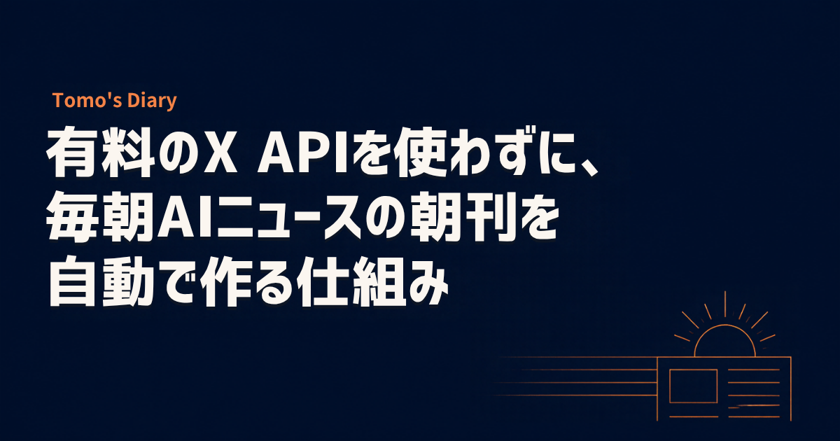 紺色の背景に「有料のX APIを使わずに、毎朝AIニュースの朝刊を自動で作る仕組み」というタイトルと、朝日と新聞の線画